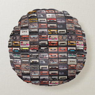 Huge collection of audio cassettes. Retro musical  Round Pillow