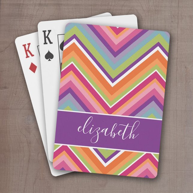Huge Colorful Chevron Pattern with Name purple Playing Cards (Personalized playing cards - colorful chevron pattern)