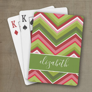Huge Colourful Chevron Pattern with Name green red Playing Cards