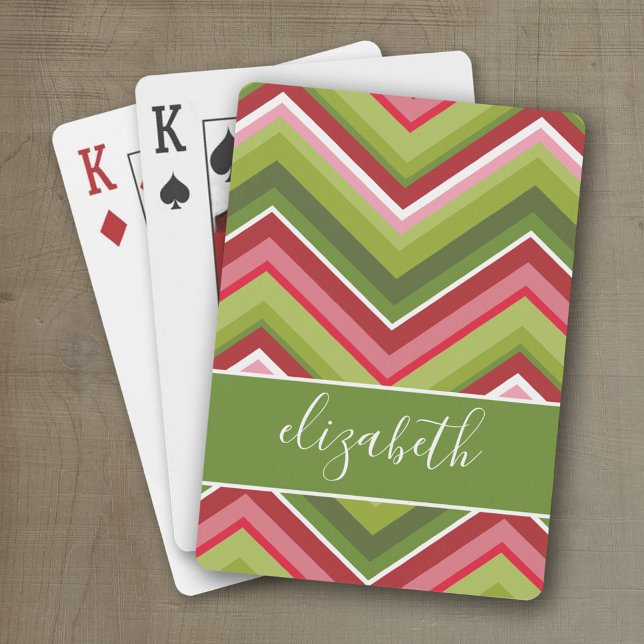 Huge Colourful Chevron Pattern with Name green red Playing Cards (Personalized playing cards with an area for text such as a name or monogram)