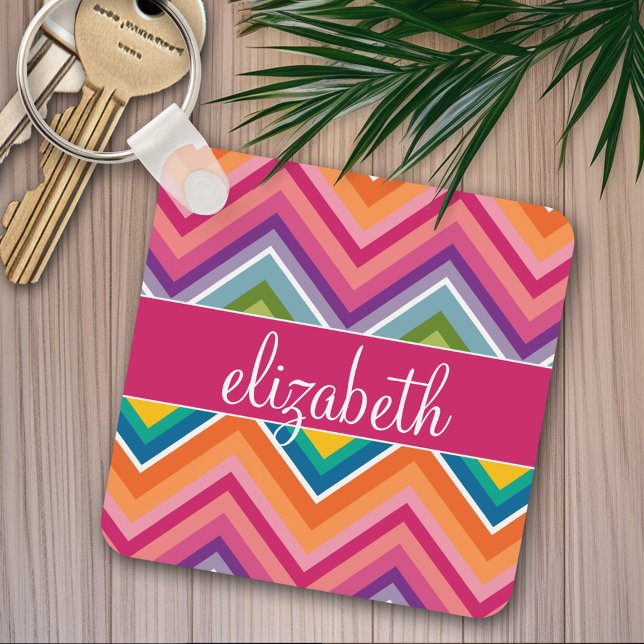 Huge Colourful Chevron Pattern with Name Keychain (Personalized keychain - Add Name)