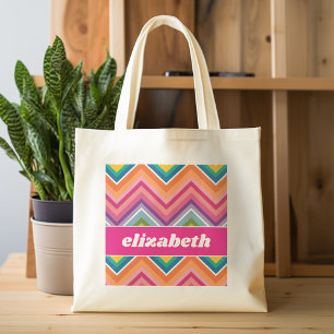 Huge Colourful Chevron Pattern with Name Tote Bag