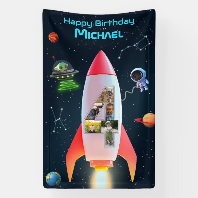 Huge Four with Photos | 4th Birthday Space Rocket Banner (Vertical)