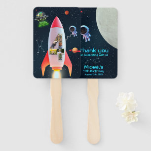 Huge Four with Photos   Space Rocket 4th Birthday Hand Fan