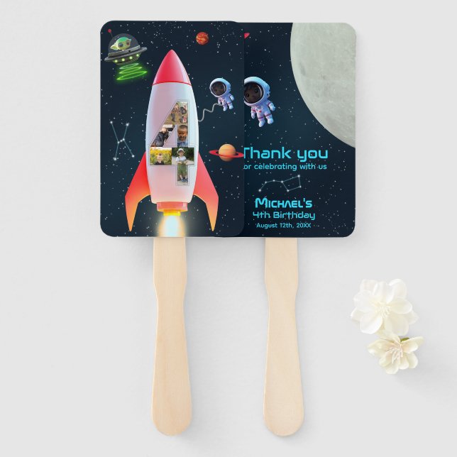 Huge Four with Photos | Space Rocket 4th Birthday Hand Fan (Front and Back)