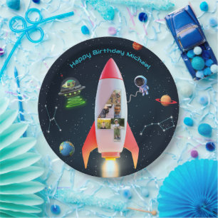 Huge Four with Photos   Space Rocket 4th Birthday Paper Plate