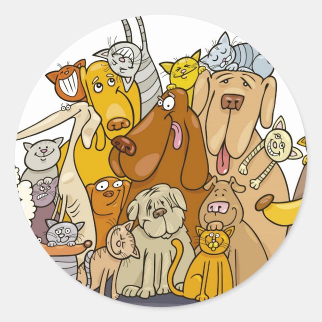 huge group of cats and dogs classic round sticker (Front)