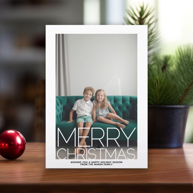 Huge Merry Christmas - Blue Green Watercolor Back Holiday Card (Modern Christmas Card with Photos)