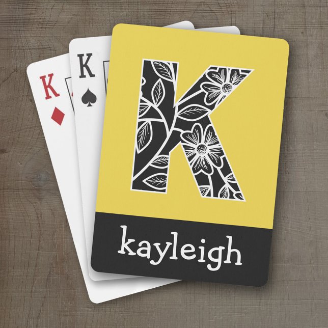 Huge Monogram K - Modern Floral Pattern Yellow Playing Cards (Personalized Playing Cards - Huge Monogram)