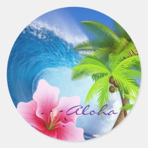 Huge Ocean Wave Orchid Palm Tree Classic Round Sticker