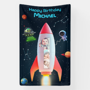 Huge One Photo Collage   1st Birthday Space Rocket Banner