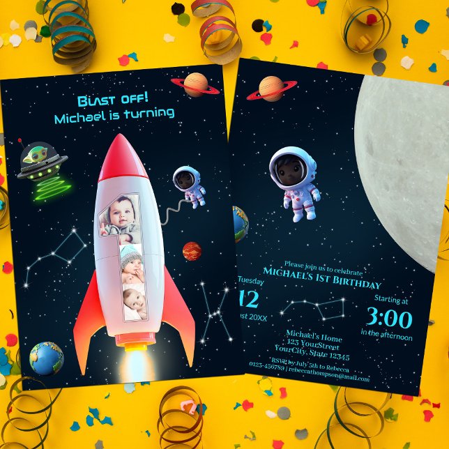 Huge One Photo Collage | Rocket Space 1st Birthday Invitation (Creator Uploaded)
