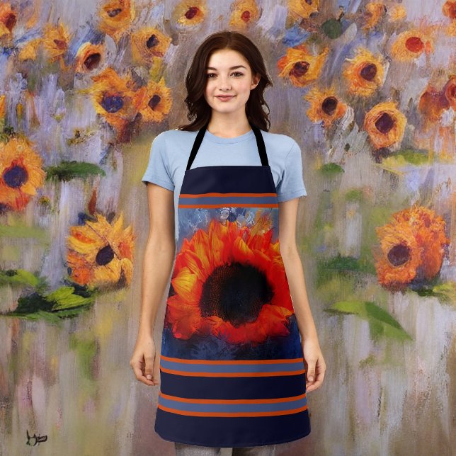 Huge Orange Sunflower with Blue and Orange Stripes Apron (Creator Uploaded)