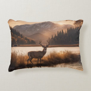 Huge Racked Deer on Mountain Lake Accent Pillow