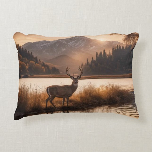 Huge Racked Deer on Mountain Lake Accent Pillow (Front)
