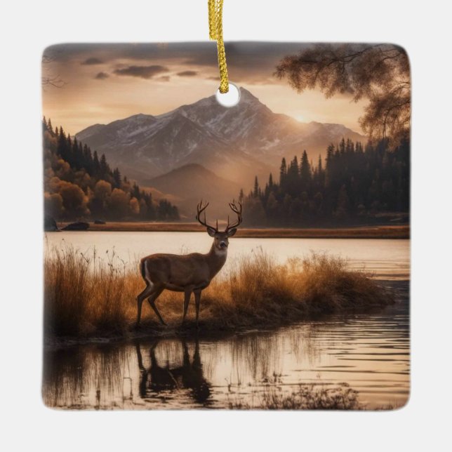 Huge Racked Deer on Mountain Lake Ceramic Ornament (Front)