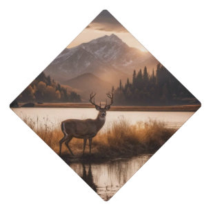 Huge Racked Deer on Mountain Lake Graduation Cap Topper