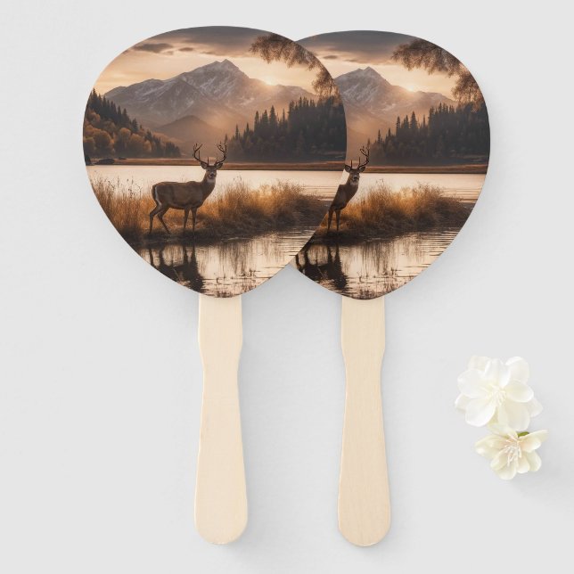 Huge Racked Deer on Mountain Lake Hand Fan (Front and Back)
