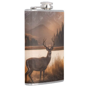 Huge Racked Deer on Mountain Lake Hip Flask