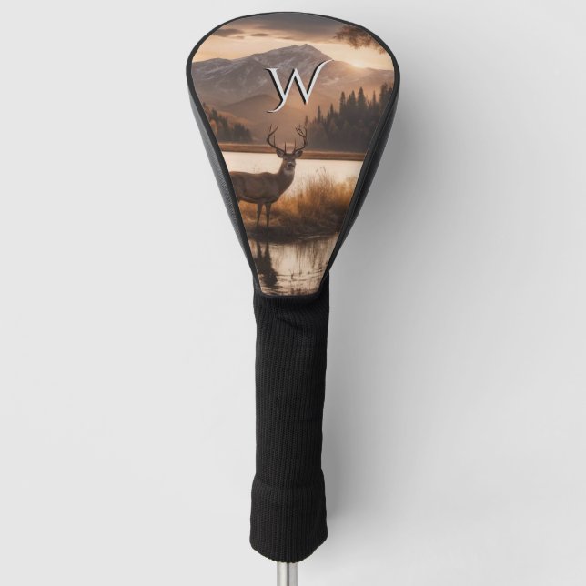 Huge Racked Deer on Mountain Lake Initial Golf Head Cover (Front)