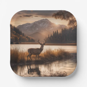 Huge Racked Deer on Mountain Lake Paper Plate