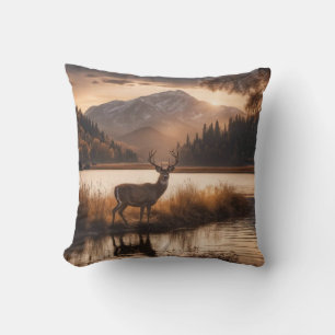 Huge Racked Deer on Mountain Lake Throw Pillow
