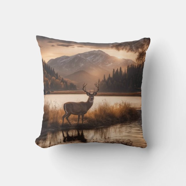 Huge Racked Deer on Mountain Lake Throw Pillow (Front)