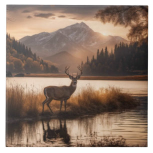Huge Racked Deer on Mountain Lake Tile