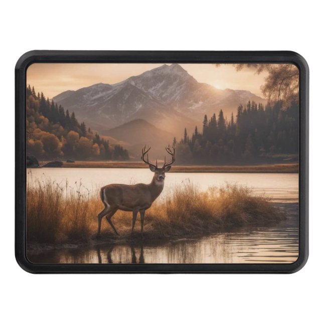 Huge Racked Deer on Mountain Lake Trailer Hitch Cover (Front)