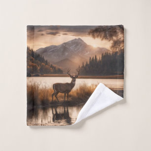 Huge Racked Deer on Mountain Lake Wash Cloth
