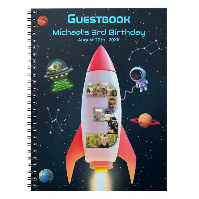 Huge Three | Rocket Space 3rd Birthday Guest Book (Front)