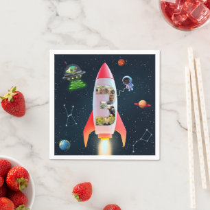 Huge Three with Photos   3rd Birthday Rocket Space Napkin