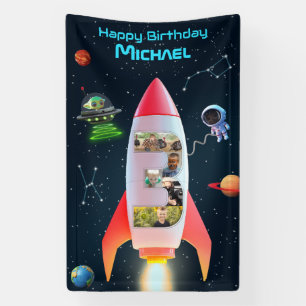 Huge Three with Photos   3rd Birthday Space Rocket Banner