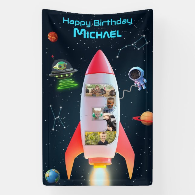 Huge Three with Photos | 3rd Birthday Space Rocket Banner (Vertical)