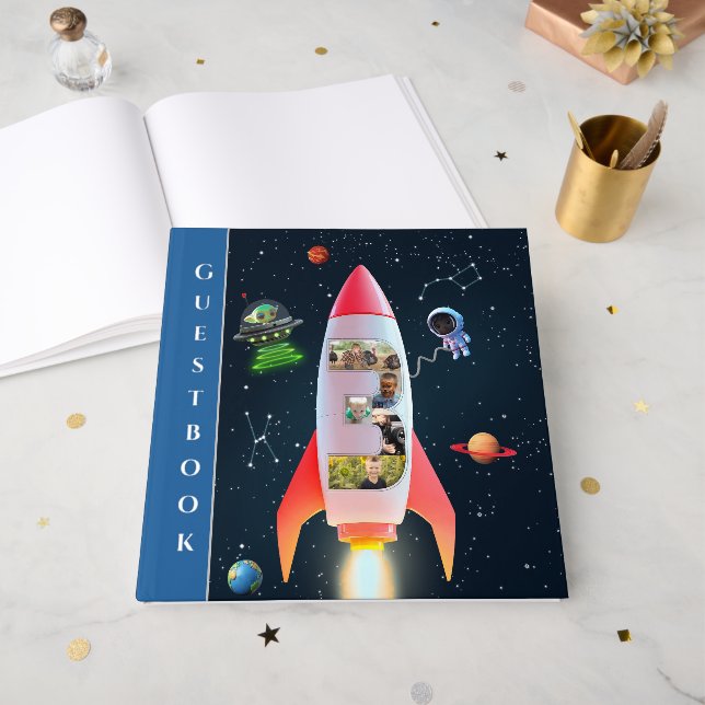 Huge Three with Photos | Rocket Space 3rd Birthday Guest Book (Front Open)
