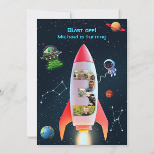 Huge Three with Photos   Rocket Space 3rd Birthday Invitation