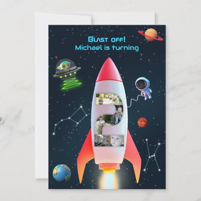 Huge Two Photo Collage | Rocket Space 2nd Birthday Invitation (Front)