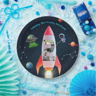 Huge Two Photo Collage   Space Rocket 2nd Birthday Paper Plate