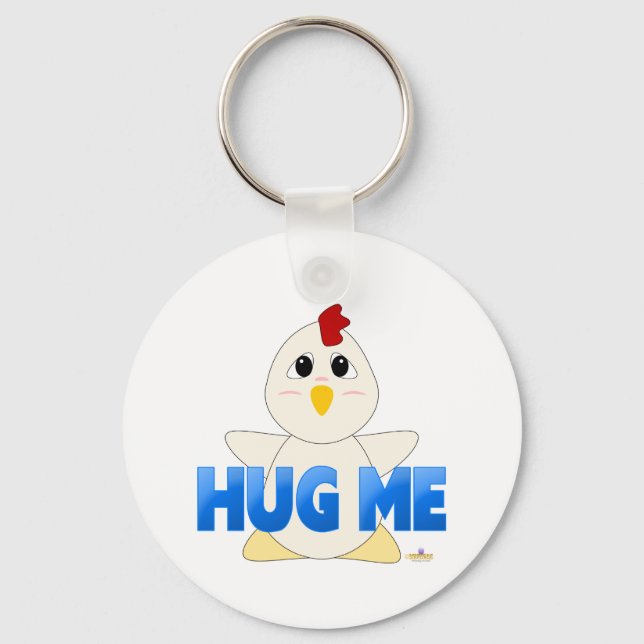 Huggable White Chicken Blue Hug Me Keychain (Front)