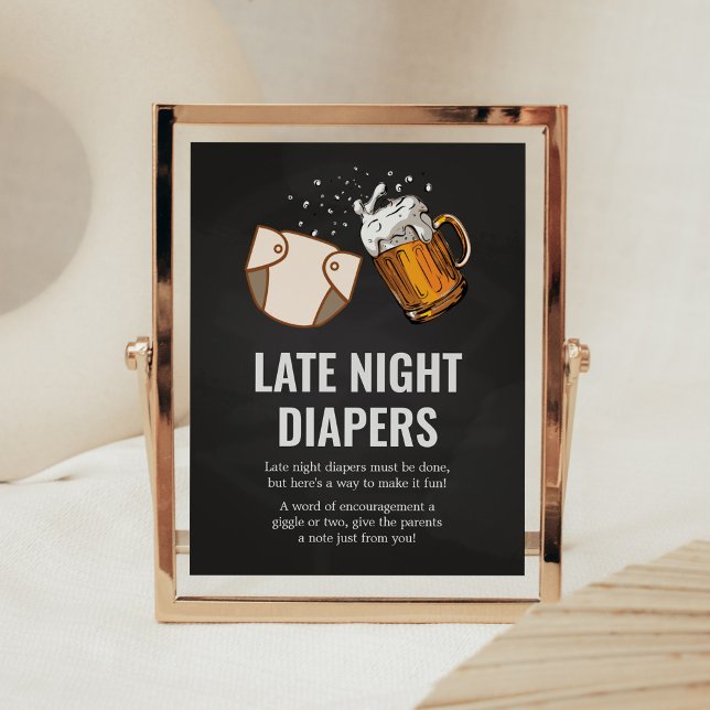Huggies and Chuggies Late Night Diapers Poster (Beer And Diaper Baby is Brewing Baby Shower Late Night Diapers Sign)