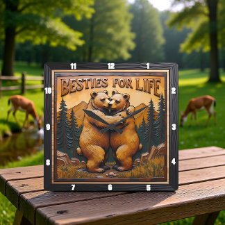 Hugging Bears Orange Mountain Square Wall Clock