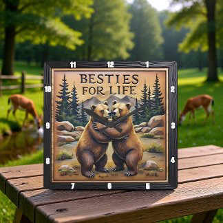 Hugging Bears Streamside Mountain Square Wall Clock