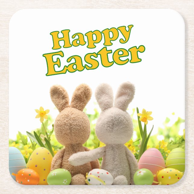 Hugging Bunnies – Happy Easter Square Paper Coaster (Front)