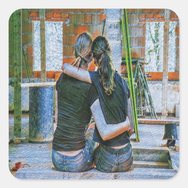 Hugging friends square sticker (Front)