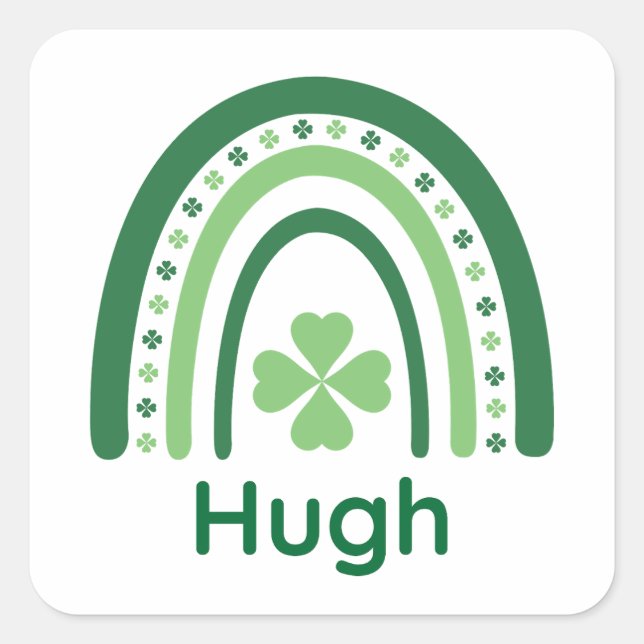 Hugh Name Clover Boho Rainbow Square Sticker (Front)