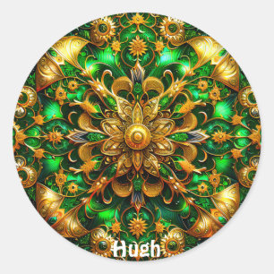 HUGH ~ Shiny Green and Gold Christmas ~ Classic Round Sticker