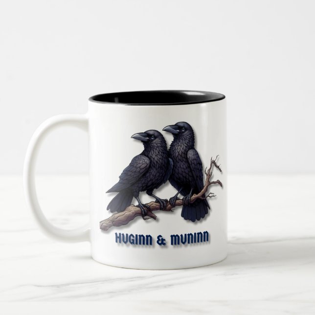 Huginn and Muninn Mug, Odin's Ravens Two-Tone Coffee Mug (Left)