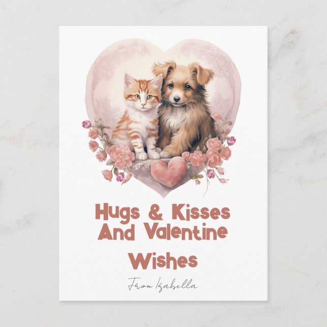 Hugs and Kisses Cat Dog Valentines Pink Card (Front)