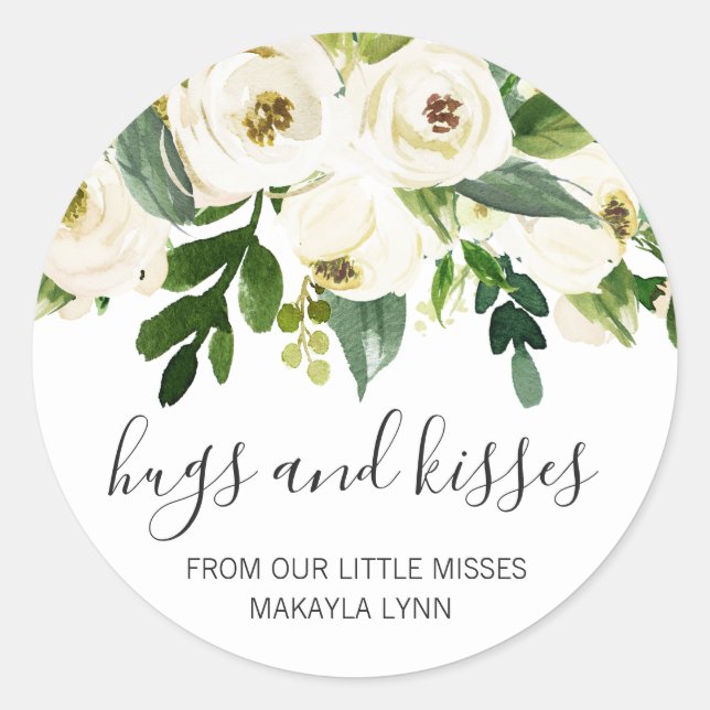Hugs and Kisses Elegant Floral Girl Baby Shower Classic Round Sticker (Front)