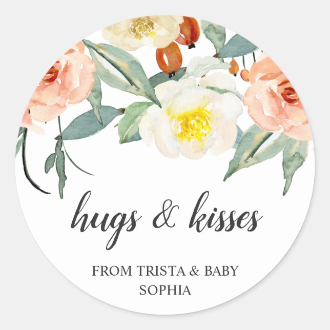 Hugs and Kisses Floral Girl Elegant Baby Shower Classic Round Sticker (Front)